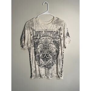 Affliction Graphic T Shirt Mens Size L All Over Print Cyber Grunge Skull
